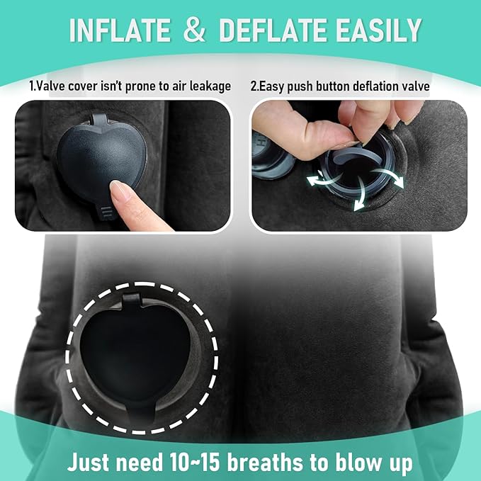 Inflatable Travel Pillow for Airplanes, Airplane Pillow for Supports Neck, Used for Planes, Trains, Cars, Includes Storage Bag, Eye Mask & Earplugs (Black)