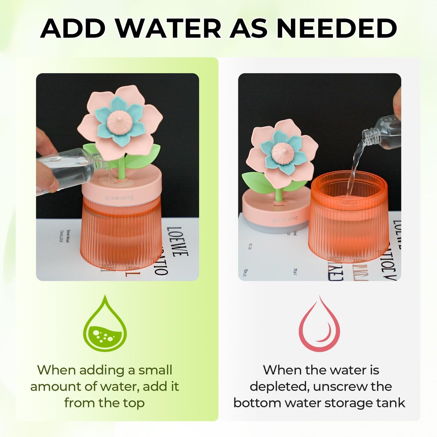 Cute Flower Mini Humidifier, 260ml Gardenia Desktop Humidifiers for Bedroom, Portable Small Cool Mist Humidification for Home, Baby Nursery, Office & Indoor Plants, USB Powered (Green)
