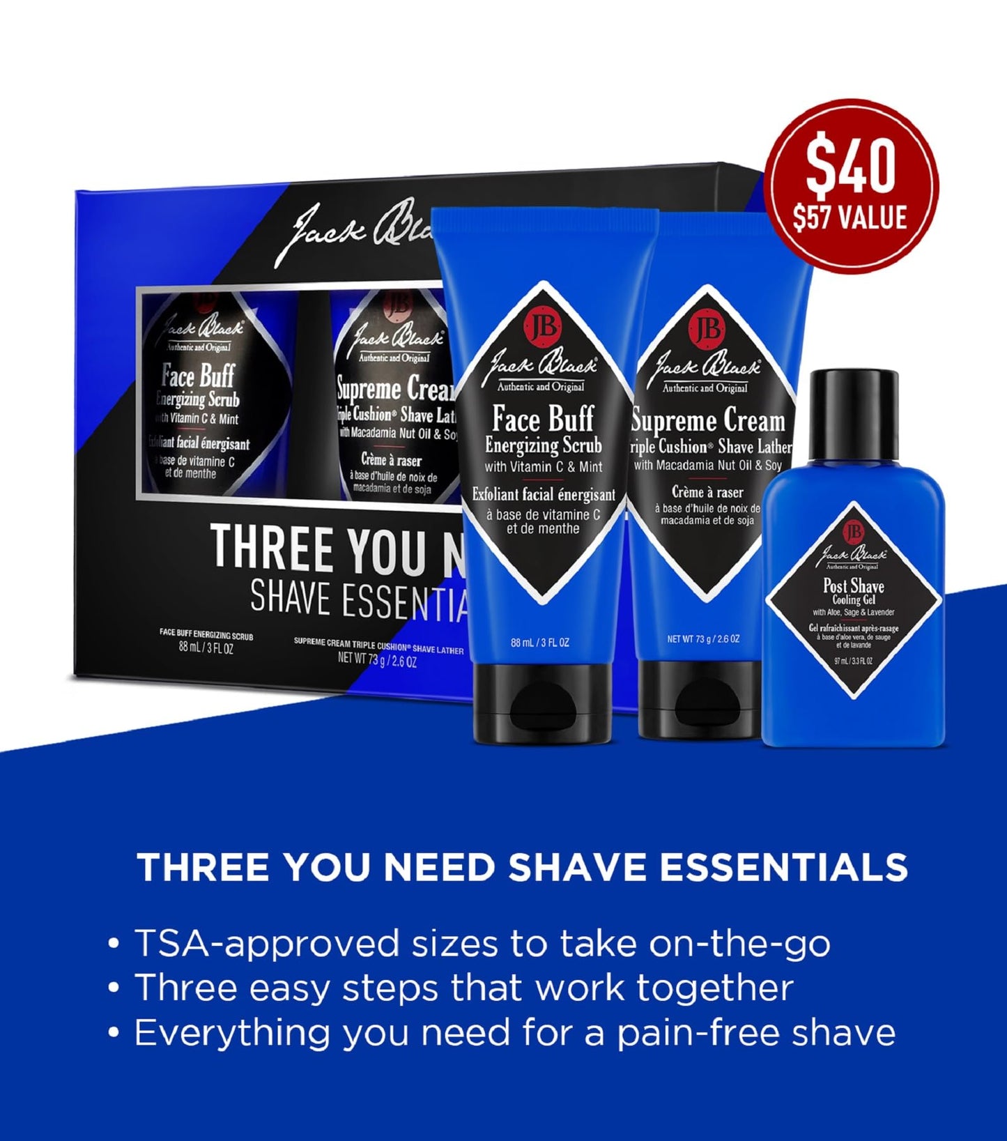 Jack Black Three You Need Shave Essentials Set for Men – Face Scrub, After Shave Cooling Gel, Shave Lather, Mens Skin Care Kit, Men's Skincare Gift Set