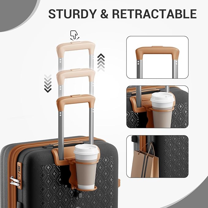 Kono 20 Inch Expandable Hard-Shell Suitcase, Ideal For Short Trips, Durable PP Material, With Hidden Cup Holder & TSA Lock, Black/Brown