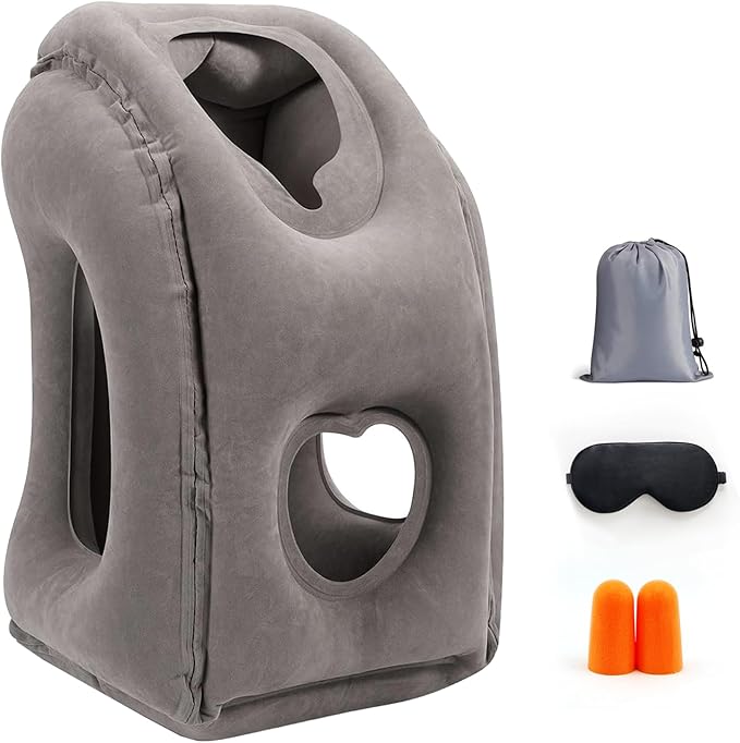 Inflatable Travel Pillow for Airplanes, Airplane Pillow for Supports Neck, Used for Planes, Trains, Cars, Includes Storage Bag, Eye Mask & Earplugs (Grey)