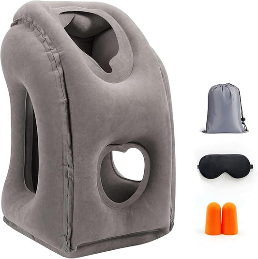 Inflatable Travel Pillow for Airplanes, Airplane Pillow for Supports Neck, Used for Planes, Trains, Cars, Includes Storage Bag, Eye Mask & Earplugs (Grey)