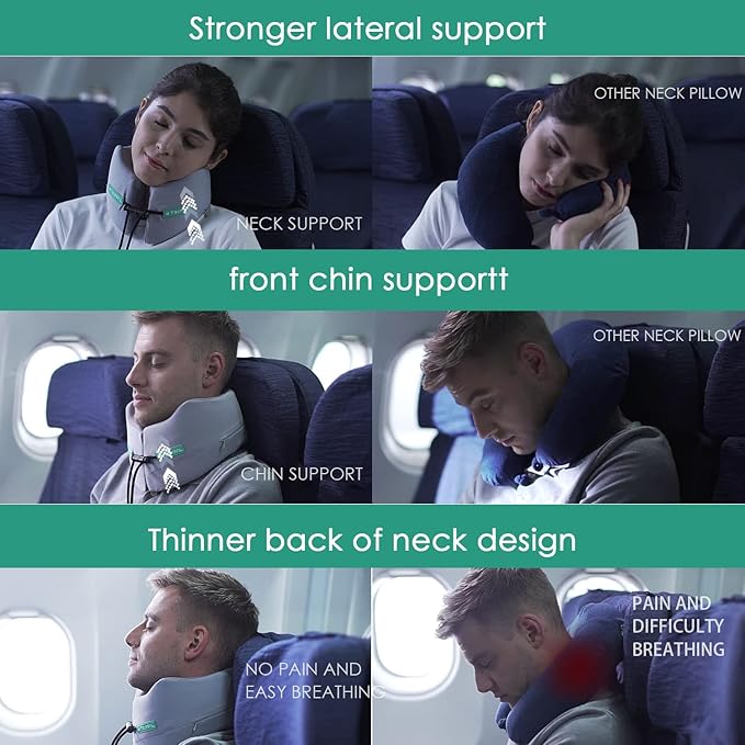 Travel Pillow for Airplane Neck Chin Support Memory Foam Machine Washable Adults Unisex Neck Pillows for Travel Airplane Sleeping Car Office Grey Small