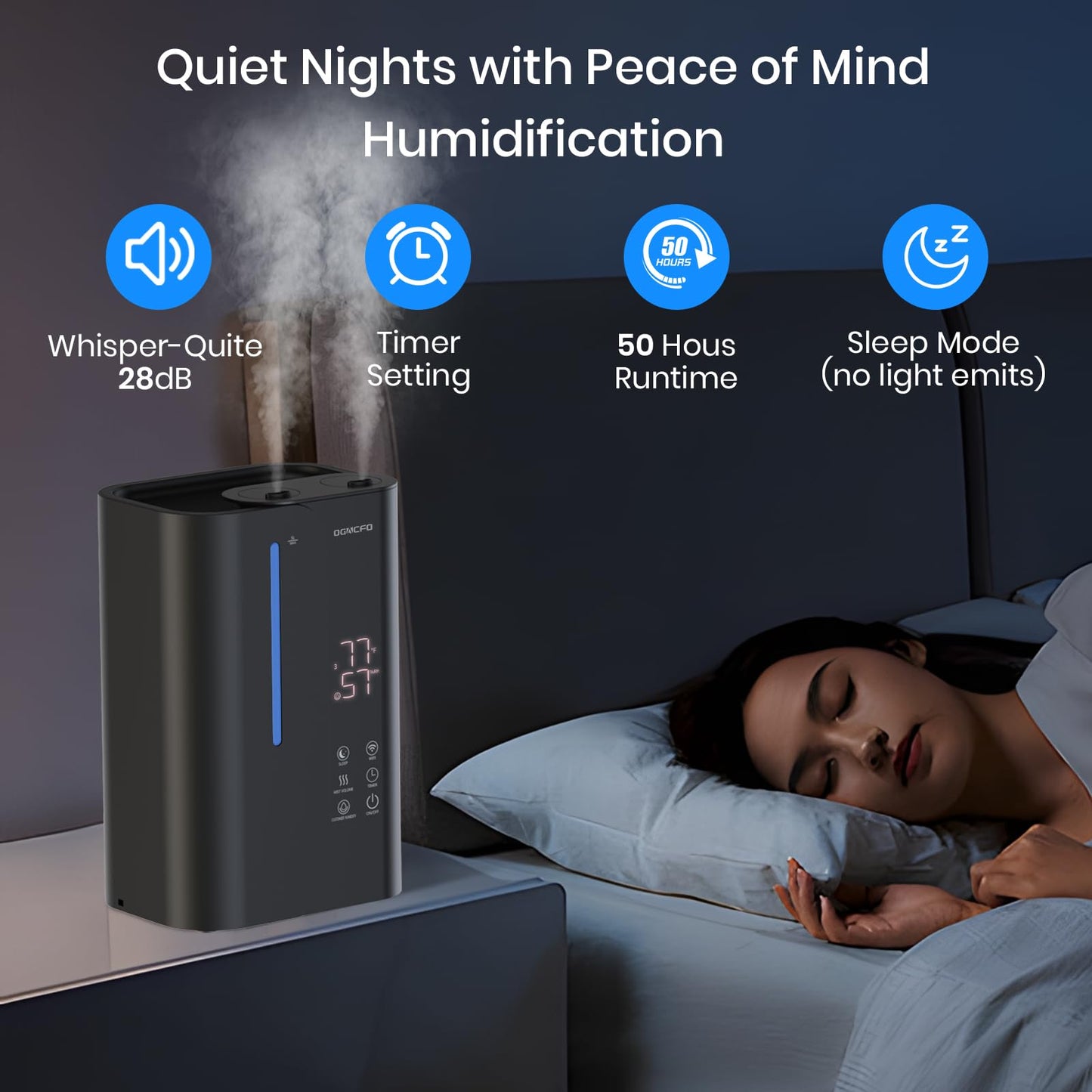 OGACFO 5L Cool Mist Humidifiers for Bedroom Large Room, Top Fill Ultrasonic Smart Air Humidifier for Baby & Plants with Essential Oil Diffuser, 50H Runtime 28 dB Quiet Baby Humidifier