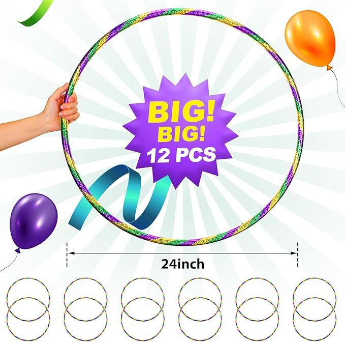 12 Pack 24 inch Exercise Hoop Plastic Glitter Hoop Obstacle Course Ring Toy for Adult Party Gymnastic Playing for Parade Decoration Games Performance Outdoor Sports