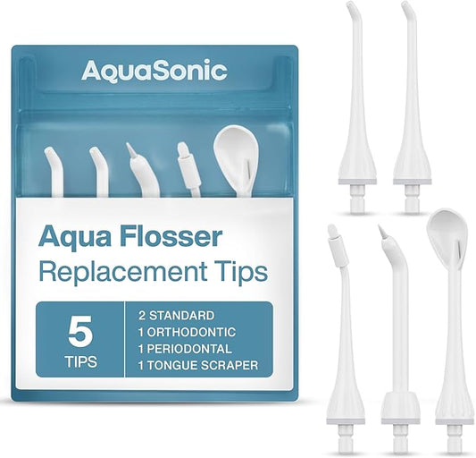 AquaSonic Aqua Flosser Replacement Tips - 5 Tips, 4 Types: Standard, Periodontal, Orthodontic & Tongue Scraper - Genuine, Authentic Parts (White)