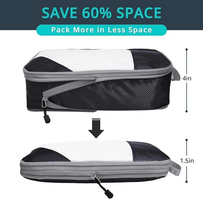 7 Set Compression Packing Cubes for Travel - Compressible, Lightweight, and Space-Saving Packing Cubes, Travel Essentials for Women, Black