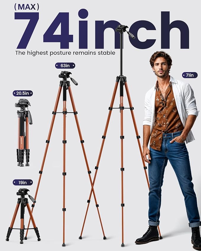 74"-Camera-Tripod, Professional Aluminum Heavy Duty Tripod Stand for Mirrorless Camera/DSLR/Cell Phone/Camcorder, with Holder and Travel Bag (Orange)