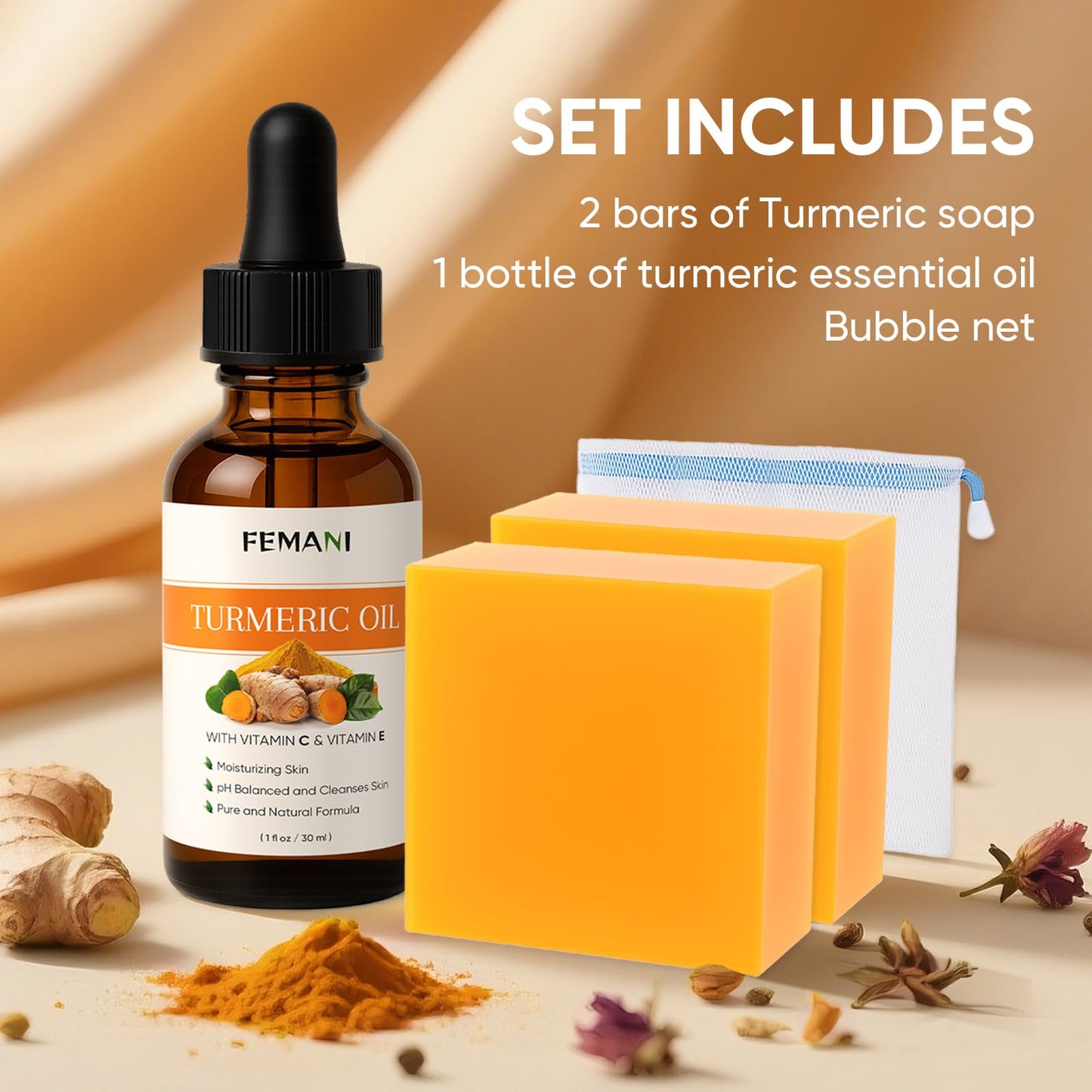 2 PCS Natural Turmeric Soap Bar for Face & Body Cleanser and Turmeric Oil, Nautral Ingredients Turmeric Wash and Care Set, Soothing, Hydrating, Turmeric Skin Care Set for All Skin Type