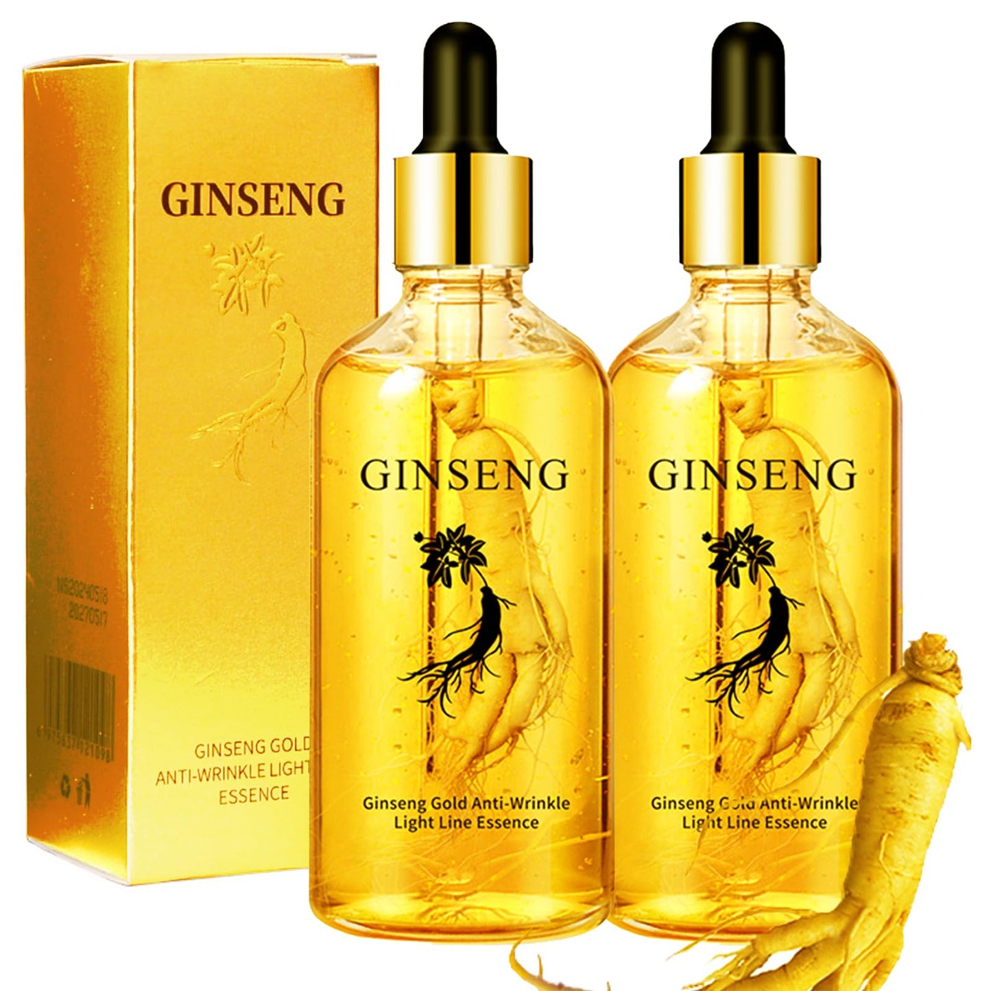 2Pcs Ginseng Polypeptide Anti-Ageing Essence, Ginseng Extract Anti Wrinkle Serum Gold Korean Ginseng Anti Aging Essential Oil for Tightening Sagging Skin Reduce Fine Lines Moisturizer 7 Fl Oz
