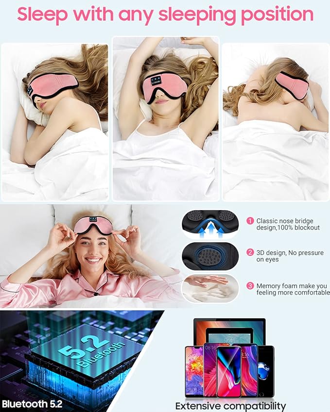 LC-dolida Sleep Headphones, Sleep Mask Bluetooth Wireless Music Eye Mask, Sleeping Headphones for Side Sleepers Sleep Mask with Bluetooth Headphones Ultra-Thin Stereo Speakers Perfect for Sleeping