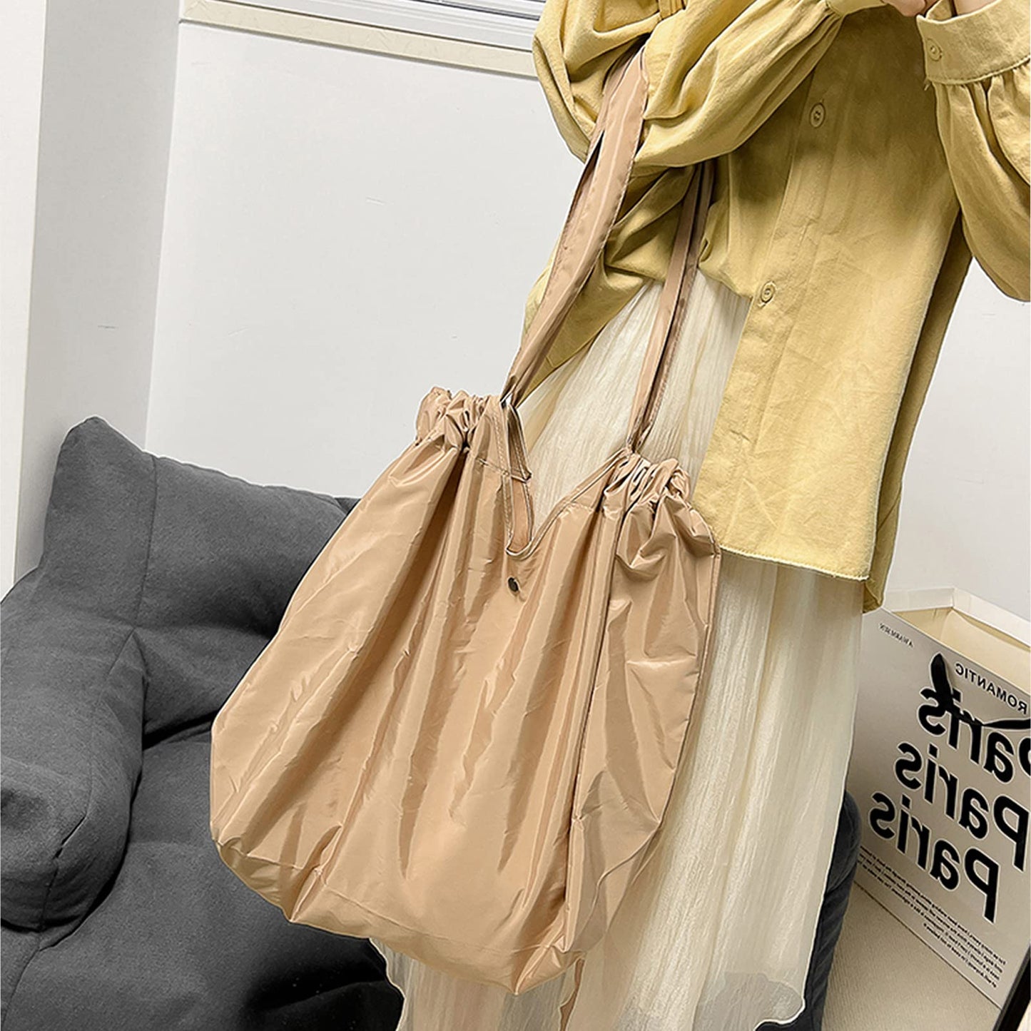 NKTDWO Foldable Shopping Bag for Groceries, Large Capacity Portable Tote Bag for Travel Waterproof Reusable Bags with Handles for Supermarket Picnic Beach (Brown)