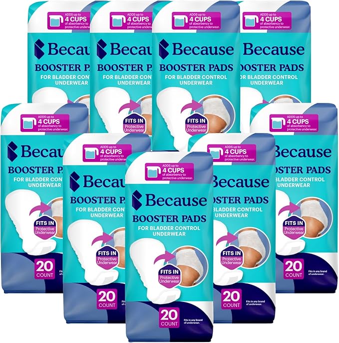 Because Overnight Incontinence Booster Pads for Men and Women, Adds 4 Cups Extra Absorbency to Adult Diapers, Super Soft, Adhesive Strip Backing, Unisex, 180 Count (9 Packs of 20) (Packaging May Vary)