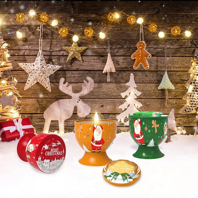 Set of 4 Christmas Snowman Santa Claus Scented Candles Gift Set for Home Women, 4.4oz Natural Soy Wax Strong Cedar, Lavender, Apple&Cinnamon and Vanilla&Jasmine Aromatherapy Candles