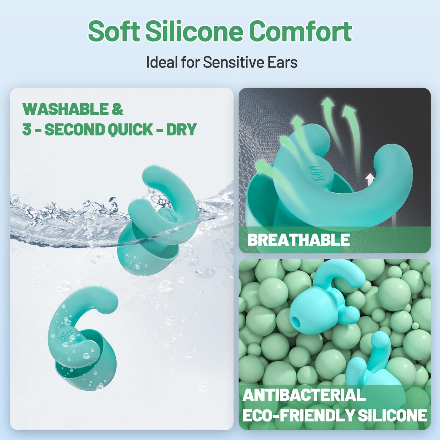 HeyFir Ultra-Soft Noise Cancelling Ear Plugs, Reusable Silicone for Sleep Concerts Travel Office,33dB (NRR),Ergonomic Integrated Design Fit for Small Ear Canals Noise Sensitivity (Green, 4 Pairs)