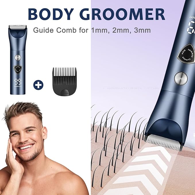 Body Hair Trimmer for Men - Electric Male Hygiene Grooming Shaver - Hair Razor Nose Trimmer Clippers - 3 in 1 Groin Groomer IPX5 Waterproof LED Display Remover for Chest Back Armpit
