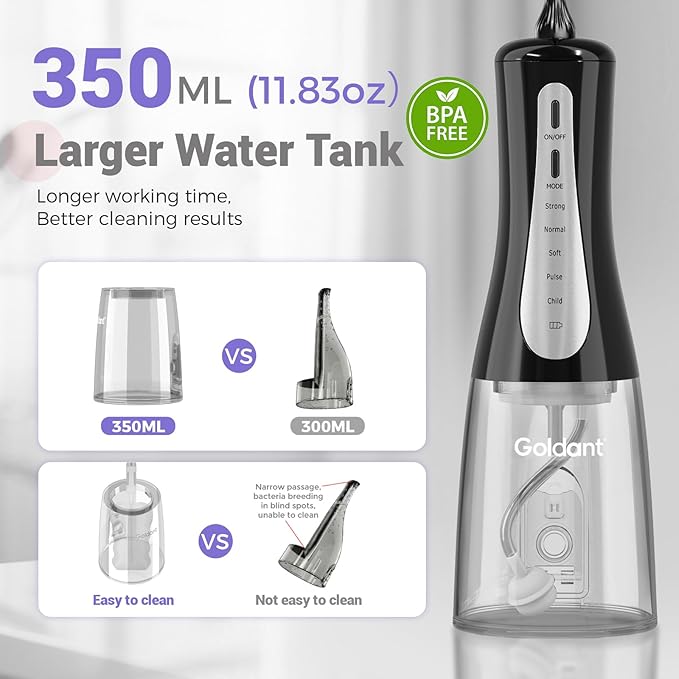 350ML Water Dental Flosser Teeth Pick with Travel Bag, 5 Modes Portable Cordless Oral Irrigator Cleaner, Electric Rechargeable IPX7 Waterproof for Home Travel Teeth Cleaning flossing(Black)