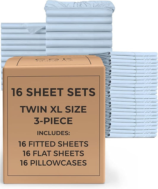 Bulk Case Pack of 16 Sheet Sets - (16) Complete Twin XL Size Sheet Sets w/ Deep Pockets - Wholesale Bulk Bedding for Hotels, Spas & Airbnbs - Breathable, Cooling & Wrinkle Free - (Twin XL, Sky Blue)