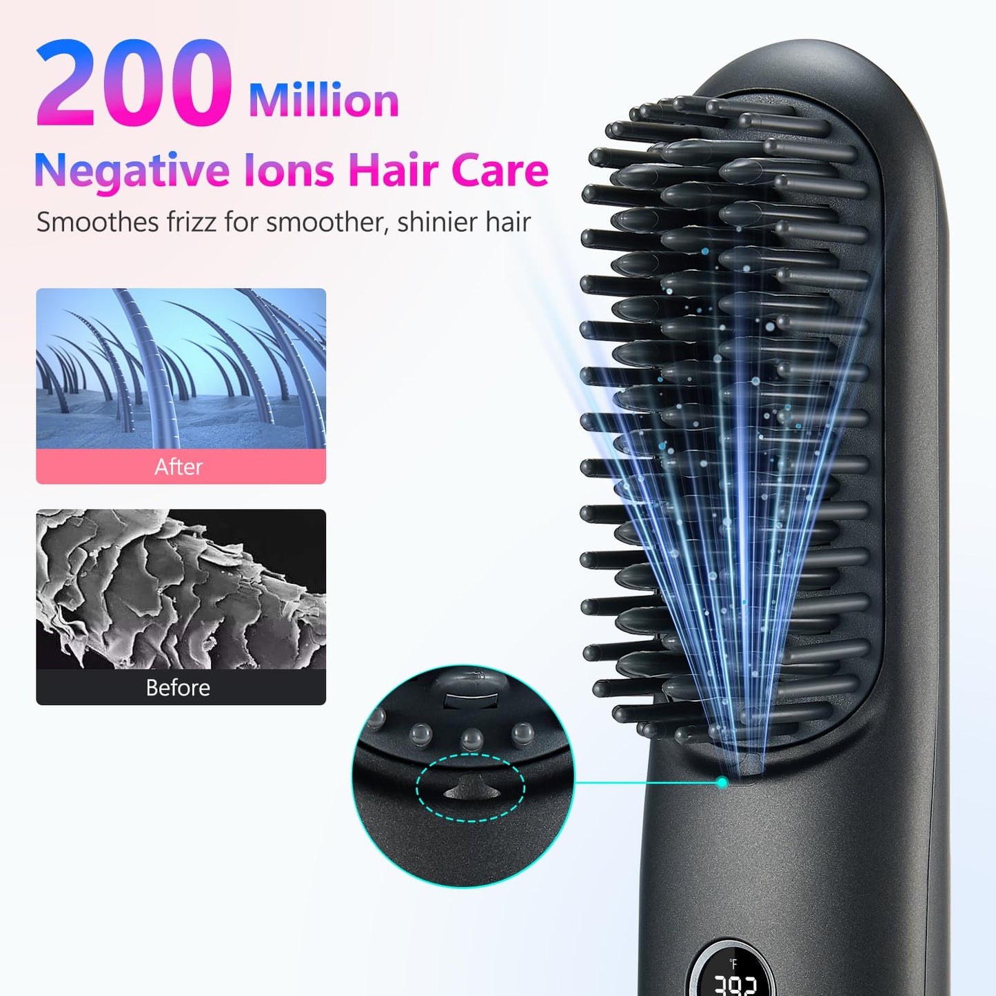 STUDLLY LCD Screen Cordless Hair Straightener Curler 2 in 1, Portable Mini Hair Straightening Brush for Travel Negative Ionic Fast Heating Hot Comb for Women, Folding Brush with Mirror, Black