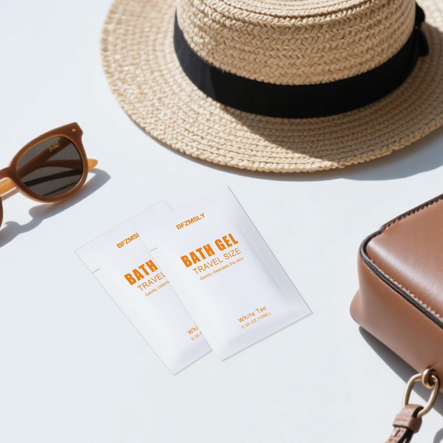 BFZMSLY 50 Pack Travel Size Body Wash Packets Bulk (0.35oz, White Tea Scent) – Mini Individual Pack TSA Approved Toiletries for Guest Body Wash for Hotels, Airbnb, Travel & Hospitality