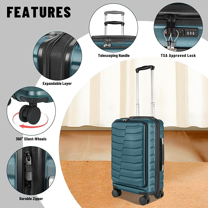 22×14×9 Airline Approved Carry On Expandable Luggage with Front Open Pocket, Spinner Wheels, ABS+PC Hardshell Small 20inch Suitcase with Protective Cover and Luggage Tag, Teal Blue