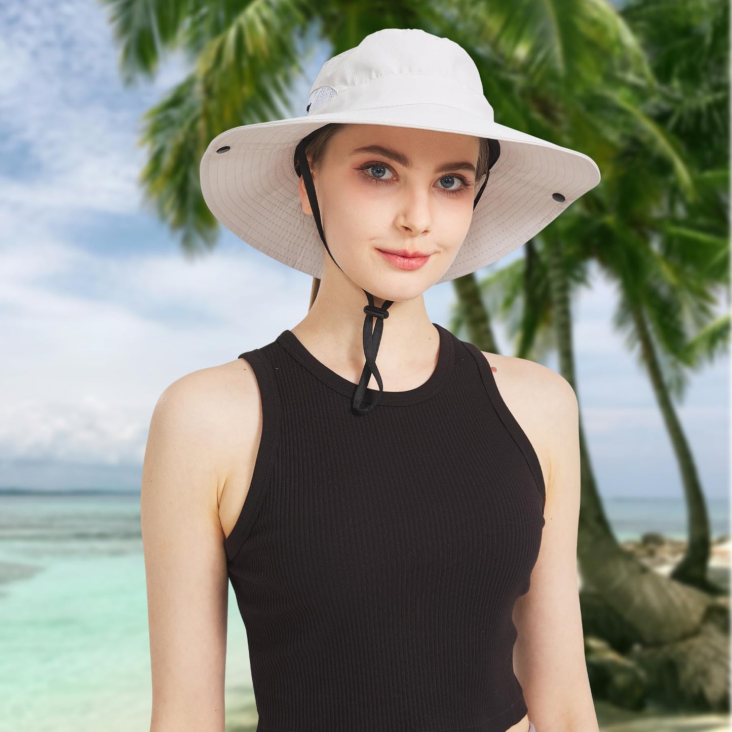 NPJY Ponytail Sun Hats for Women Men 3” Wide Brim UPF 50+ Fishing Beach Bucket Hats Beige