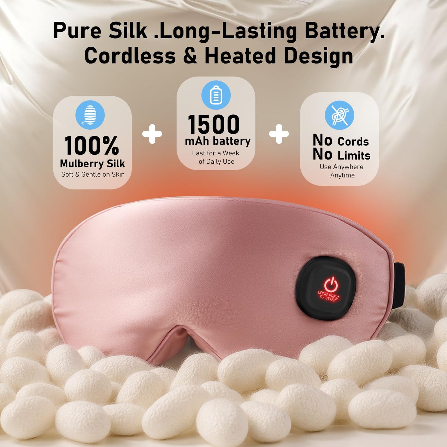 LitBear Heated Eye Mask, Silk Cordless Warm Eye Compress for Dry Eyes, Light Blocking Heat Eye Mask for Women Men, Soft Eye Heating Pad for Dry Eyes, Travel, Rechargeable, Washable Cover (Pink)