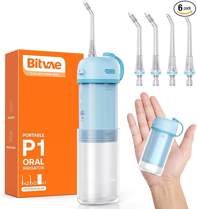 Bitvae P1 Water Dental Flosser, Travel Water Cleaner Picks, Cordless Mini Water Teeth Cleaners with Telescopic Water Tank, IPX7 Waterproof Oral Irrigator, Brace & Sensitive Teeth Care, Sky Blue