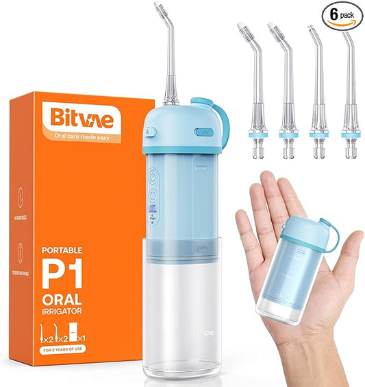 Bitvae P1 Water Dental Flosser, Travel Water Cleaner Picks, Cordless Mini Water Teeth Cleaners with Telescopic Water Tank, IPX7 Waterproof Oral Irrigator, Brace & Sensitive Teeth Care, Sky Blue