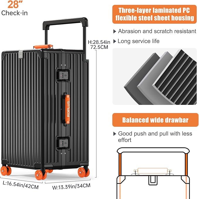 Aluminium Frame Checked- In Luggage with Smooth Jelly Wheels, Hardside Zipperless Rolling Suitcase with TSA Lock (Black, 28-Inch)