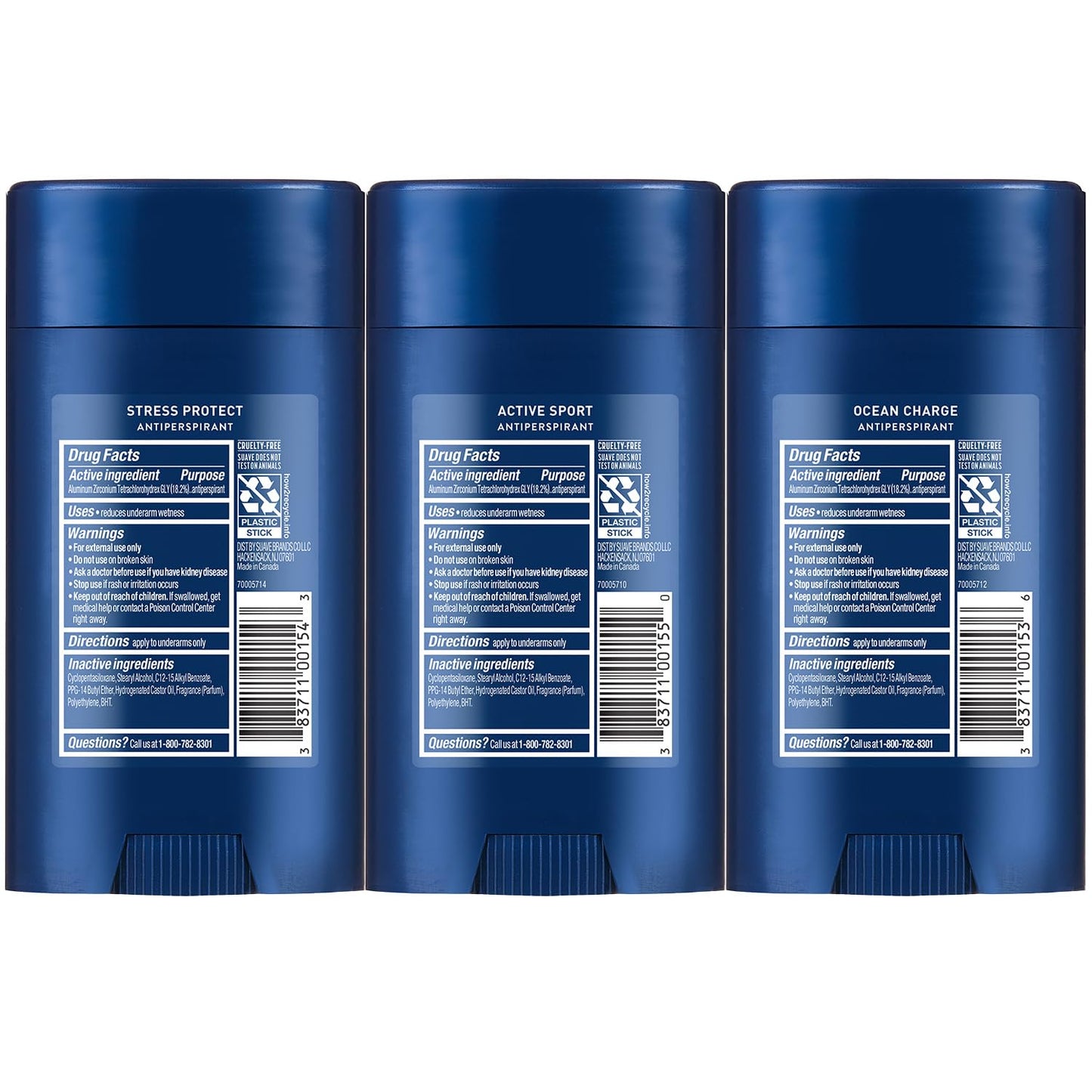 Suave Antiperspirant Deodorant for Men Variety 3-Pack – Invisible Solid Active Sport, Ocean Charge & Stress Protect Antiperspirant Sticks, 48H Sweat & Odor Protection, 2.7 Oz Ea