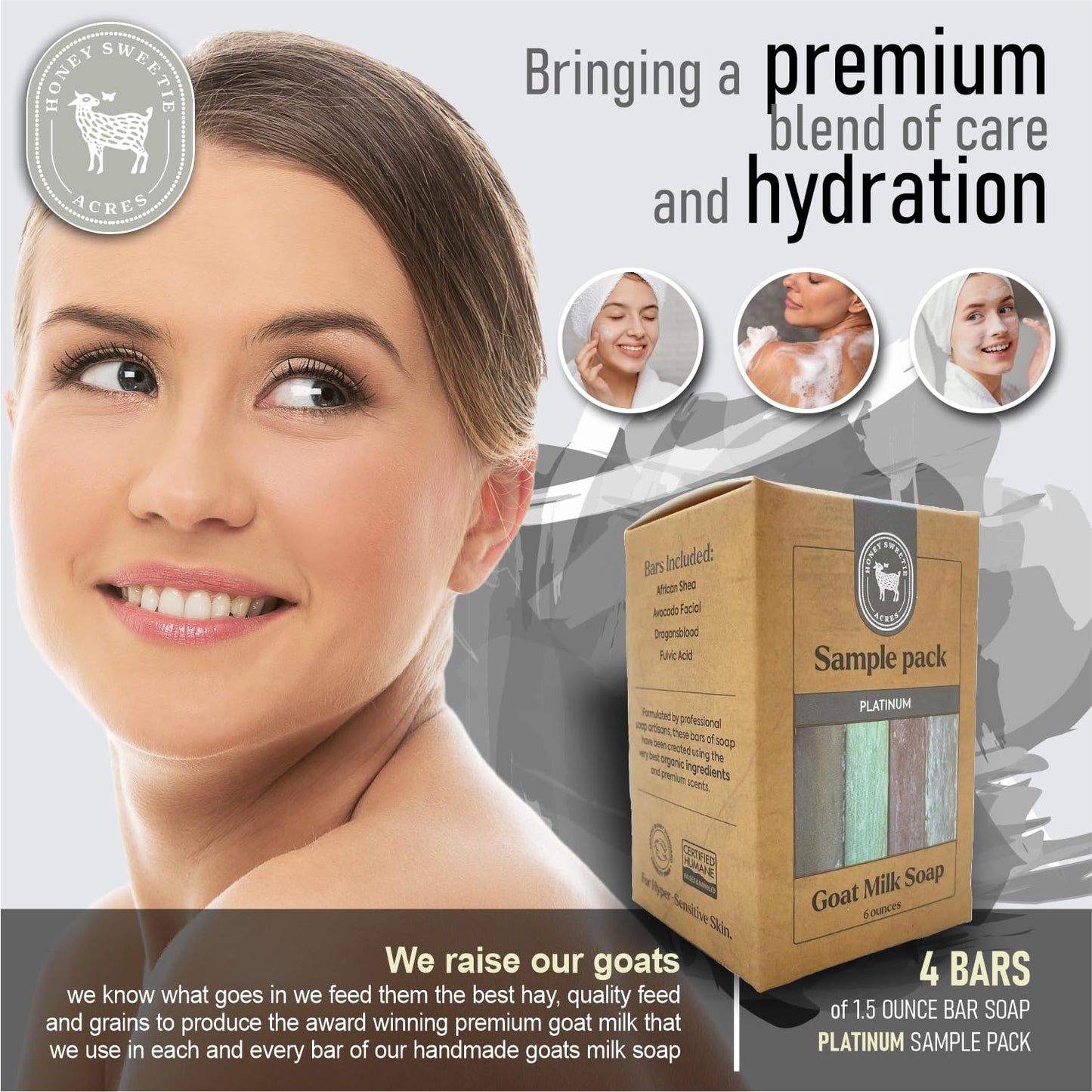 Honey Sweetie Acres Goat Milk Soap Travel Set – 4 Handmade Bars (approx 1.5 oz Each) – Fulvic Acid, Dragon’s Blood, African Shea, Avocado Facial – All Natural Platinum Collection