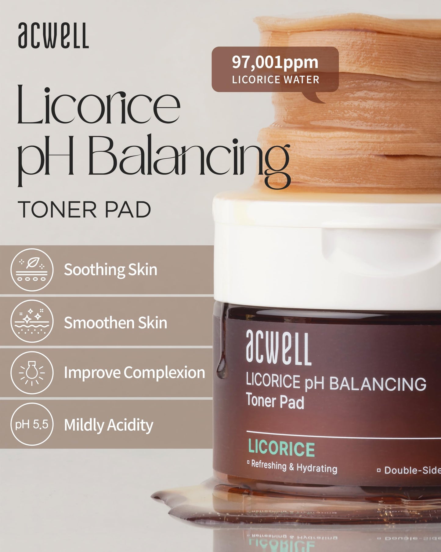 ACWELL Licorice pH Balancing Toner Pad - Vegan Cotton Pad, Double-sided Toner Pads for Blemish and Soothing Care - Korean Daily Skincare - Improves Uneven Skin Tone, 70pads, Transparent