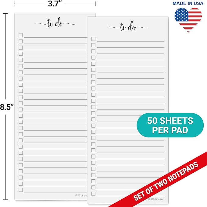 321Done To Do List Notepad 2-Pack, 3.7 x 8.5 (1/3 Sheet Slim Handheld Size) - Made in USA, Simple Stylish To-Dos Memo Pad for Planning, Tasks, Appointments, Reminders, Home, Office - Wide-Ruled