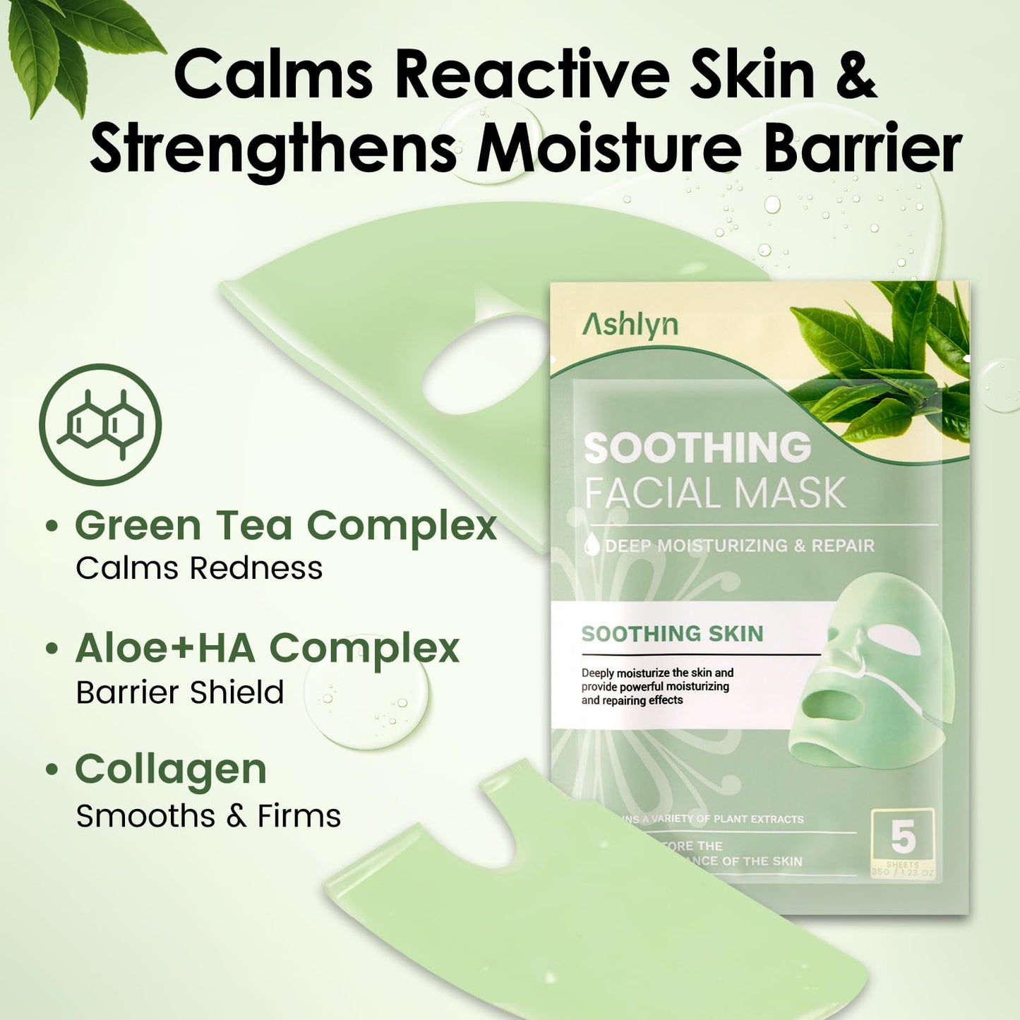 Ashlyn Green Tea Soothing Collagen Face Mask - Overnight Hydrating Sheet Mask with Hyaluronic Acid & Collagen for Sensitive Skin, Deep Moisture Calming Relief for Glass Skin, 35g, 5ea