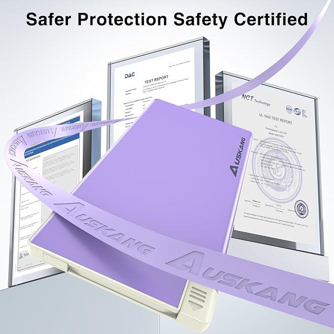 Auskang Purple Slim Power Bank with Built in Cable-5000mAh Thin USB C Portable Charger Compatible with iPhone16 15 Series/Samsung, Google Pixel/Android etc-Thin Battery Pack for Outdoor Travel