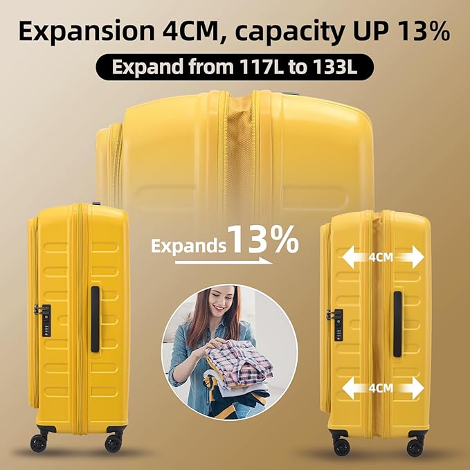 29 Inch Luggage with Expansion & Side Opening Design, 50 * 31(35)*76cm, 117L~133L Ligthweight ABS+PC Hardshell Checked Suitcase, Yellow