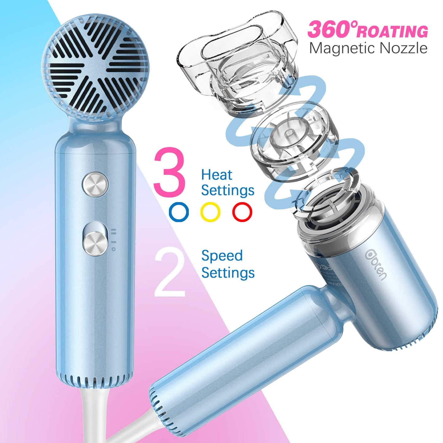 DBTEN Mini Hair Dryer, High-Speed Blow Dryer with 110,000RPM Brushless Motor, Magnetic Diffuser, Negative Ionic Technology for Fast Drying, Compact & Lightweight for Home & Travel (Blue)