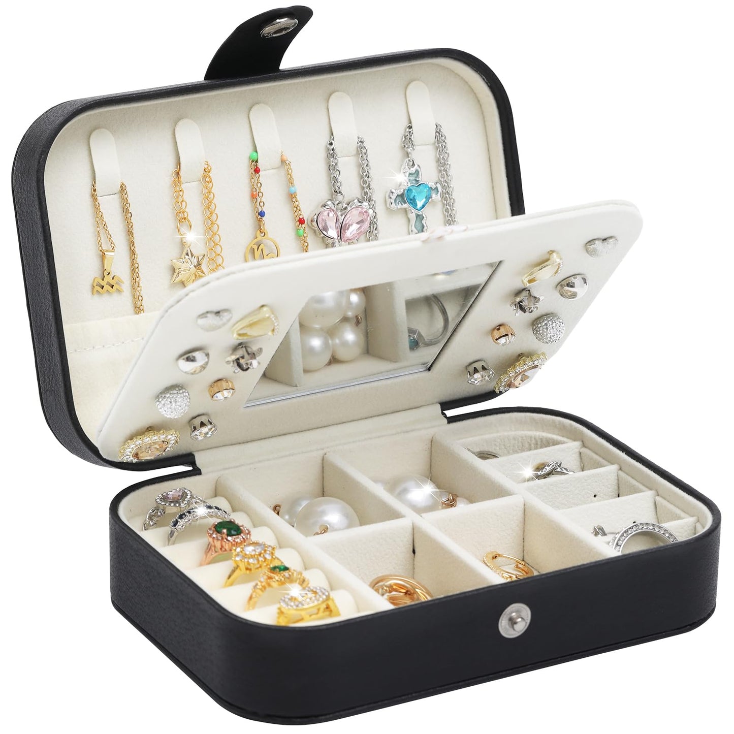 Travel Jewelry Case with Mirror, Small Jewelry Box for Women, Portable Jewelry Organizer Travel, Black Travel Jewelry Case Organizer for Necklaces, Earrings, Bracelets, Lover Gift for Men Women