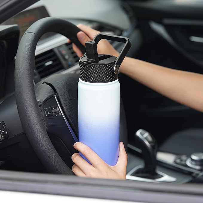 BJPKPK Insulated Water Bottles with Straw Lid, 22oz Cold & Hot Thermo, Stainless Steel Metal Water Bottle with 3 Lids, Reusable Thermo, Cups, Mugs for Daily Use-Sky