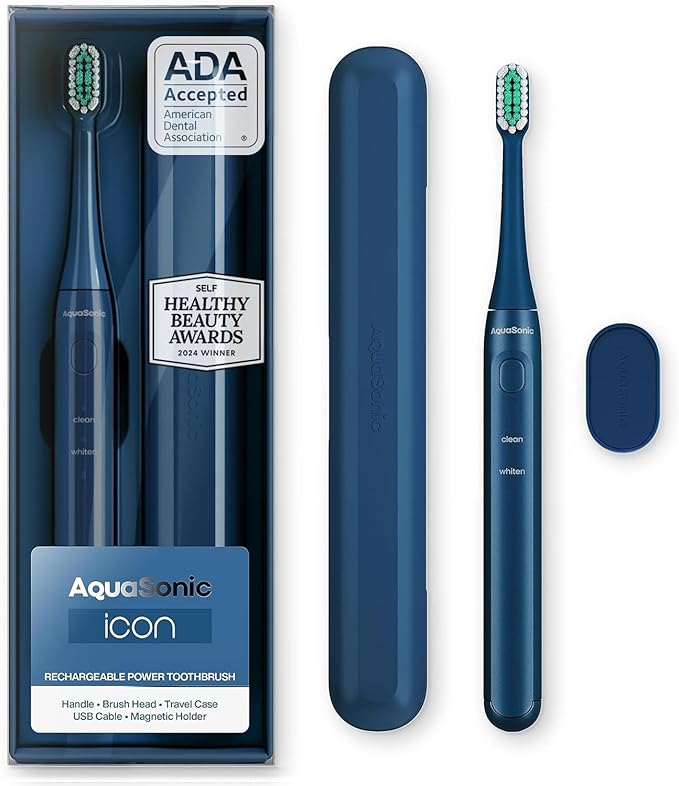 Aquasonic Icon ADA-Accepted Rechargeable Toothbrush | Magnetic Holder & Slim Travel Case | 2 Brushing Modes & Smart Timers | Gentle Micro-Vibrations (Navy)