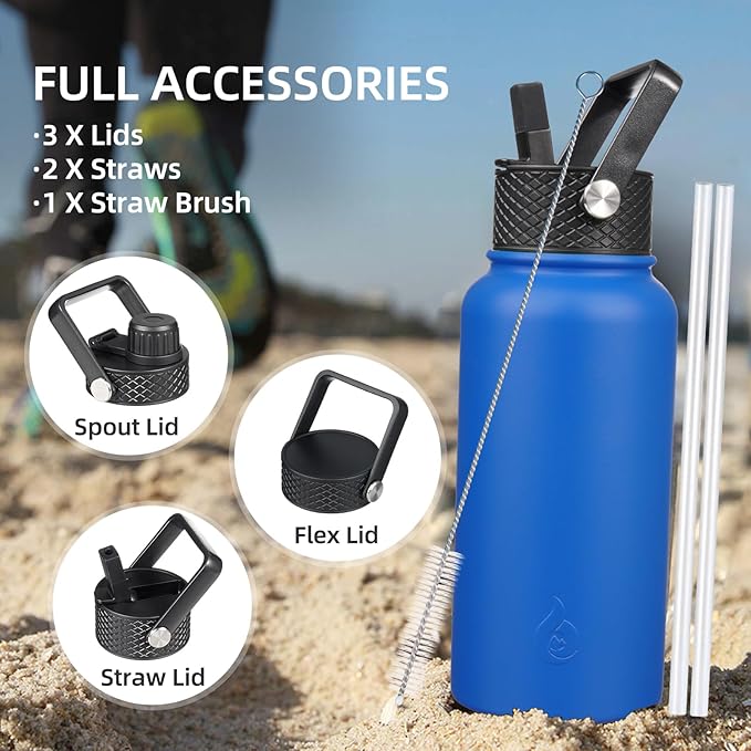 BJPKPK Insulated Water Bottles with Straw Lid, 22oz Cold & Hot Thermo, Stainless Steel Metal Water Bottle with 3 Lids, Reusable Thermo, Cups, Mugs for Daily Use-Mint