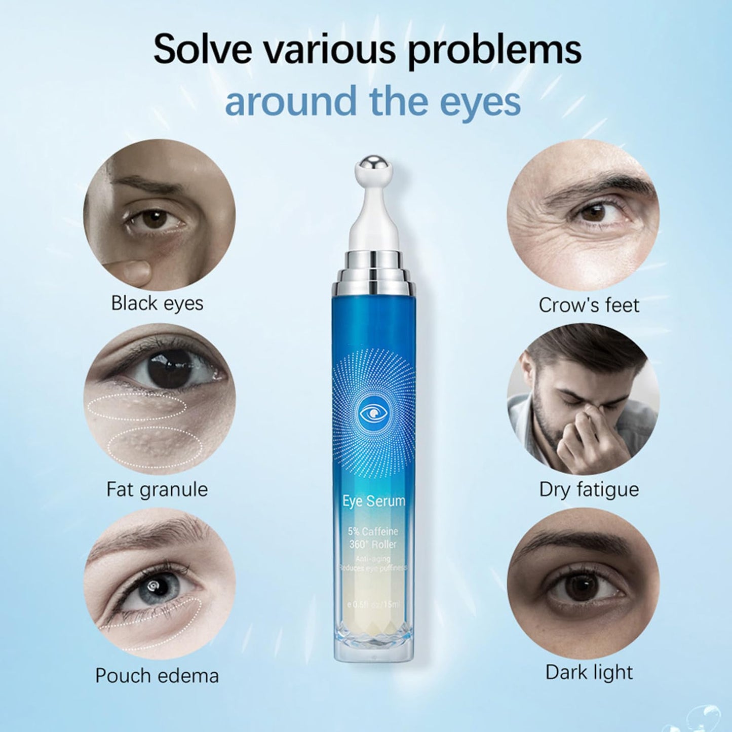 5% Caffeine Eye Serum, Anti-Aging Under Eye Roller Cream for Dark Circles Puffiness Wrinkles and Fine Lines, Korean EyeCare Cream with 360°Massage Ball, EyeBags Treatment for Men and Women