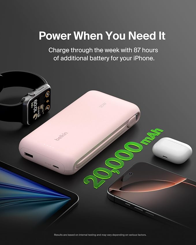 Belkin Portable Charger, Power Bank with Integrated Cable 20000 mAh 30W - Fast Charging USB C Power Delivery, iPhone Charger - iPhone 17, Air, Pro, Pro Max, iPad, Galaxy S25, & More - Pink