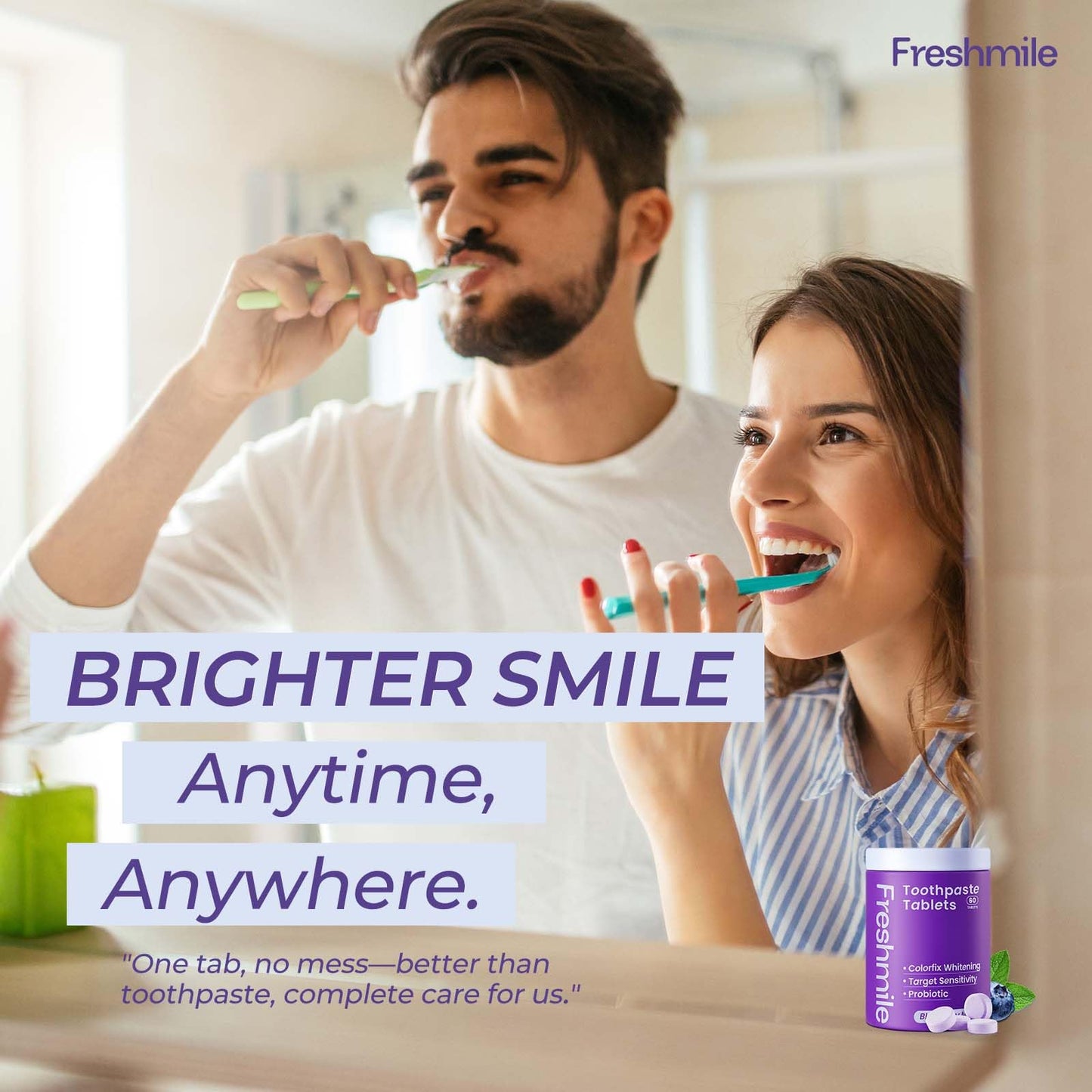 Freshmile Whitening Toothpaste Tablets with Nano-Hydroxyapatite (NHA) Purple Toothpaste for Teeth Whitening Fluoride-Free, for Sensitive Teeth & Gums, Travel-Friendly Tabs (60 Count)