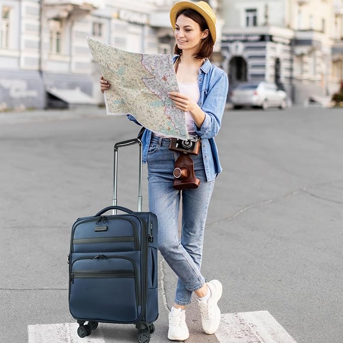 KROSER Softside Expandable Carry On Luggage with Spinner Wheels & Built-in TSA Lock, Durable Suitcase Rolling Luggage with USB Port, Carry-On 20-Inch, Haze Blue