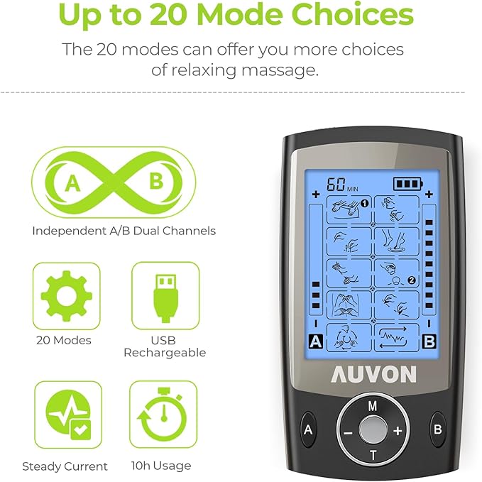 AUVON Dual Channel TENS Unit Muscle Stimulator Machine with 20 Modes, 2" and 2"x4" TENS Unit Electrode Pads (Black)