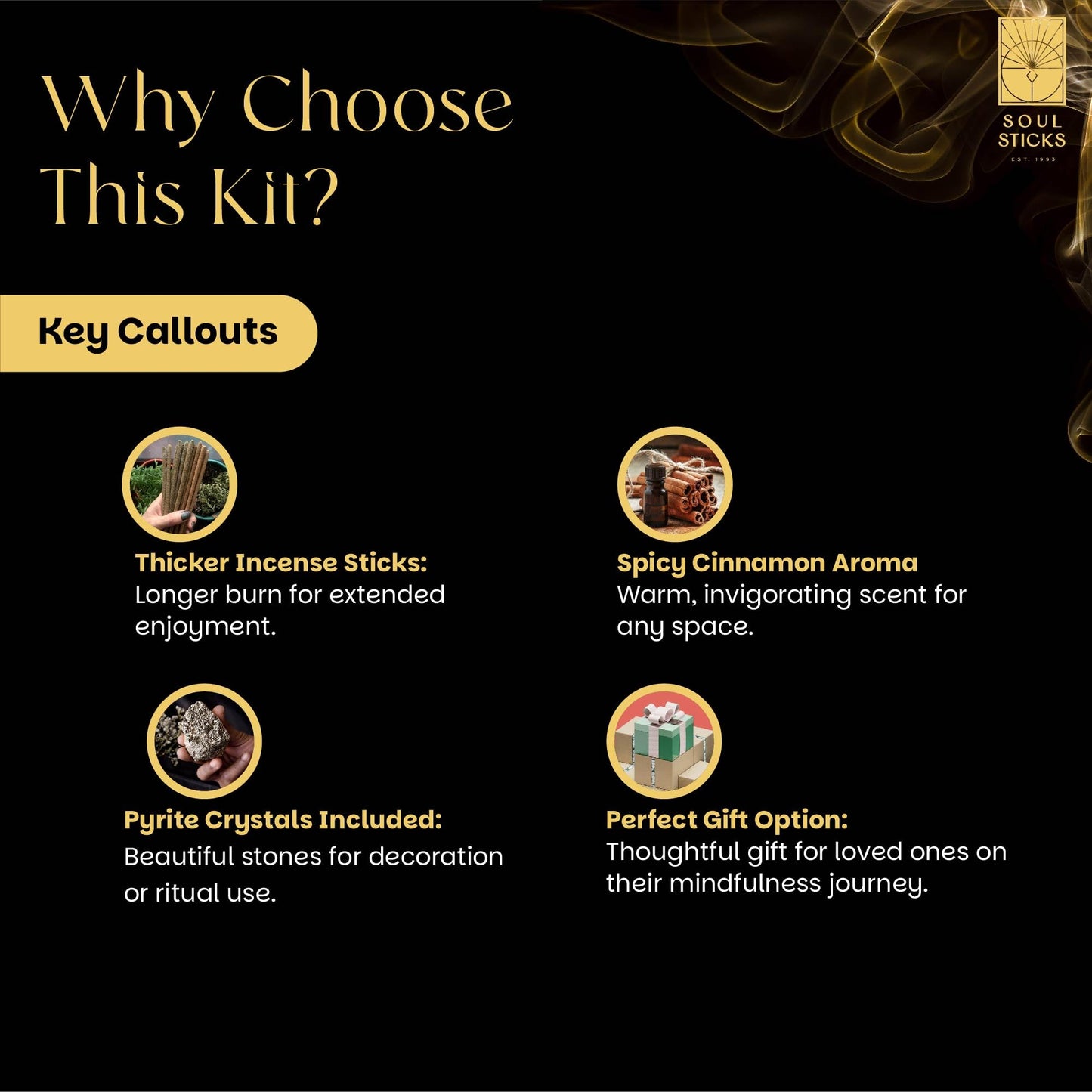 SOUL STICKS Thick Handcrafted Incense Sticks Spicy Cinnamon Scented (Includes 5 Crystals) 20g Thick, Herb-Dipped Sticks Bundle Ideal for Aromatherapy, Cleansing & Relaxation