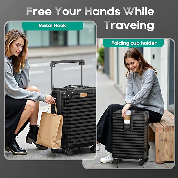 Joyway 20 Inch Carry on Luggage with Front Pocket, PC Hardshell Carry-on Suitcase with USB Port and Cup Holder, 21.5x14.2x9 Airline Approved, Luggage with Spinner Wheels and TSA Lock (Black)