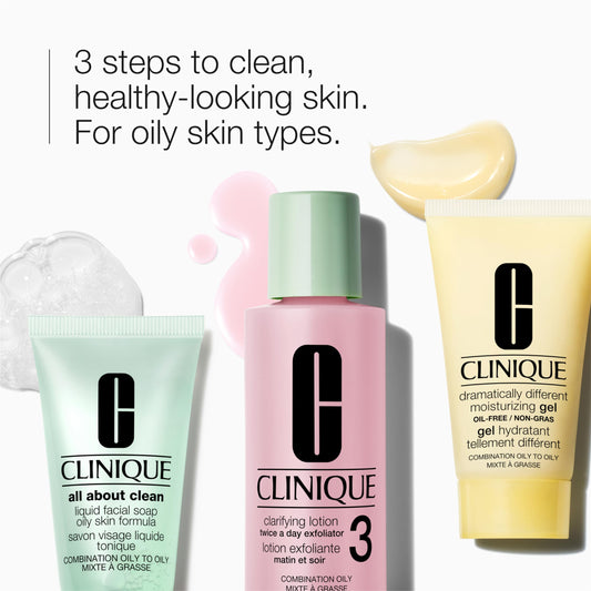 Clinique 3-Step Refresher Course Skincare Gift Set For Oily Combination Skin Types | Face Soap, Clarifying Lotion + Dramatically Different Gel | Includes 3 Travel Sizes